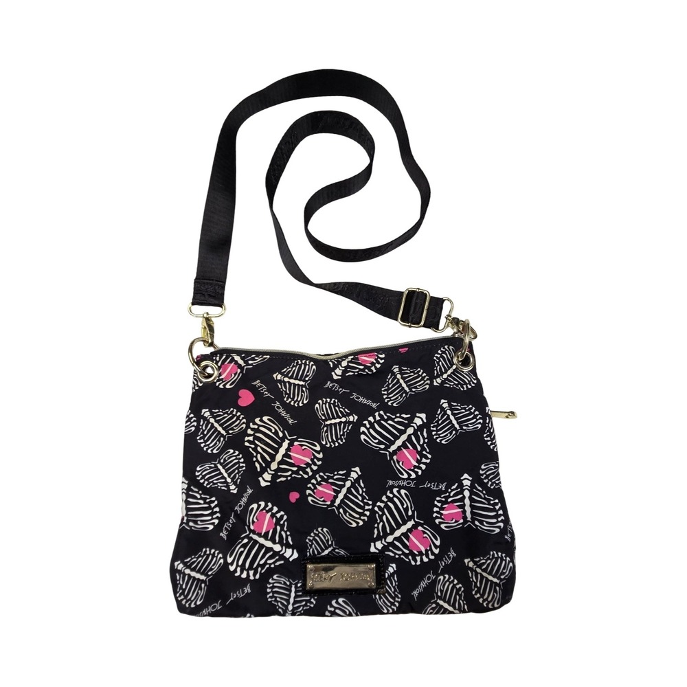 Betsey Johnson Ribcage Heart Crossbody Bag Black Pink Gothic Nylon Messenger